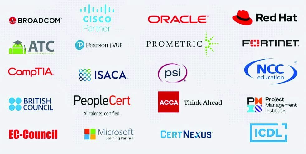Certification partners: Broadcom, Cisco, Oracle, Red Hat, ATC, Pearson VUE, Prometric, Fortinet, CompTIA, ISACA, PSI, NCC Education, British Council, PeopleCert, ACCA, PMI, EC-Council, Microsoft, CertNexus, ICDL